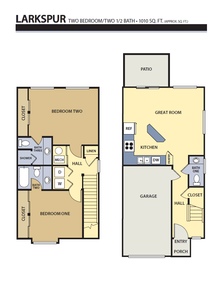 Floor plan for 2 beds, 2.5 baths, 1010 sqft